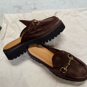 Gucci Dark Brown Suede Mules with Gold Detailing